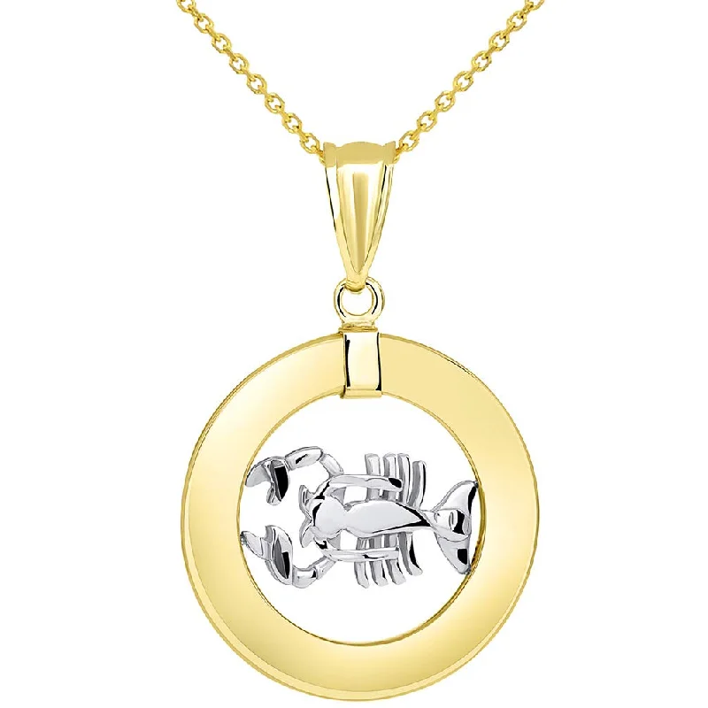 High Polish 14k Two Tone Gold Open Circle Cancer Zodiac Sign Pendant Necklace