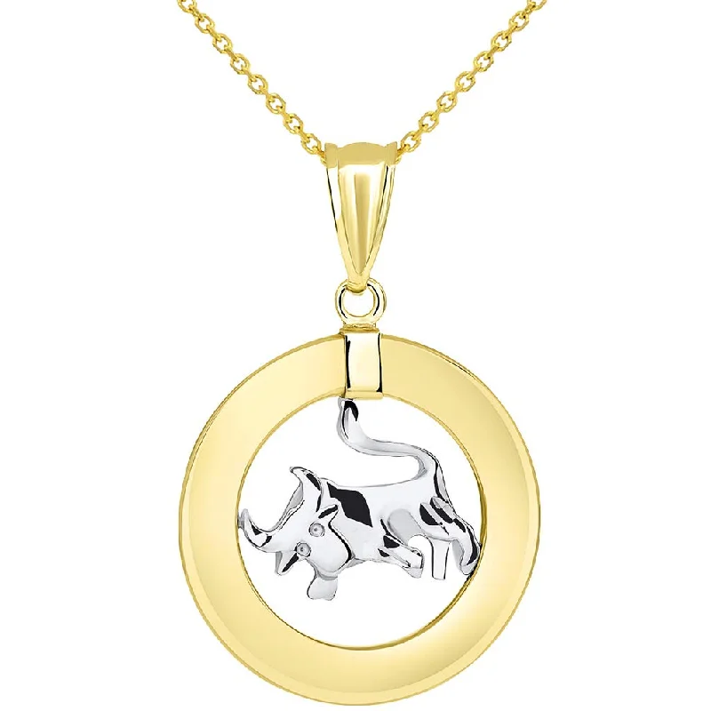 High Polish 14k Two Tone Gold Open Circle Taurus Zodiac Sign Pendant Necklace