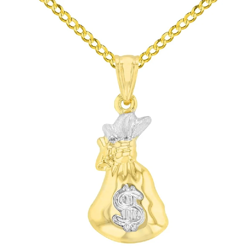 High Polish 14K Yellow Gold 3D Money Bag Charm Pendant with Cuban Chain Necklace