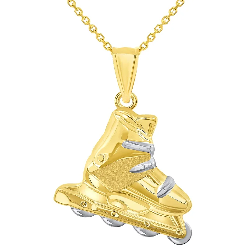 High Polish 14k Yellow Gold 3D Roller Skate Two-Tone Inline Roller Blade Pendant Necklace