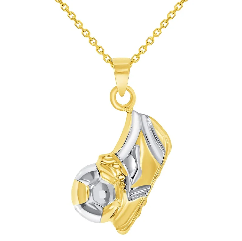 High Polish 14k Yellow Gold 3D Soccer Shoe Kicking Ball Charm Two-Tone Football Sports Pendant Necklace