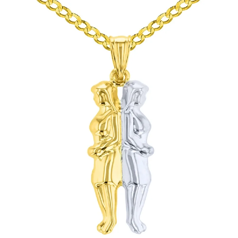 High Polish Solid 14K Yellow Gold Gemini Pendant Zodiac Sign Charm Cuban Chain Necklace