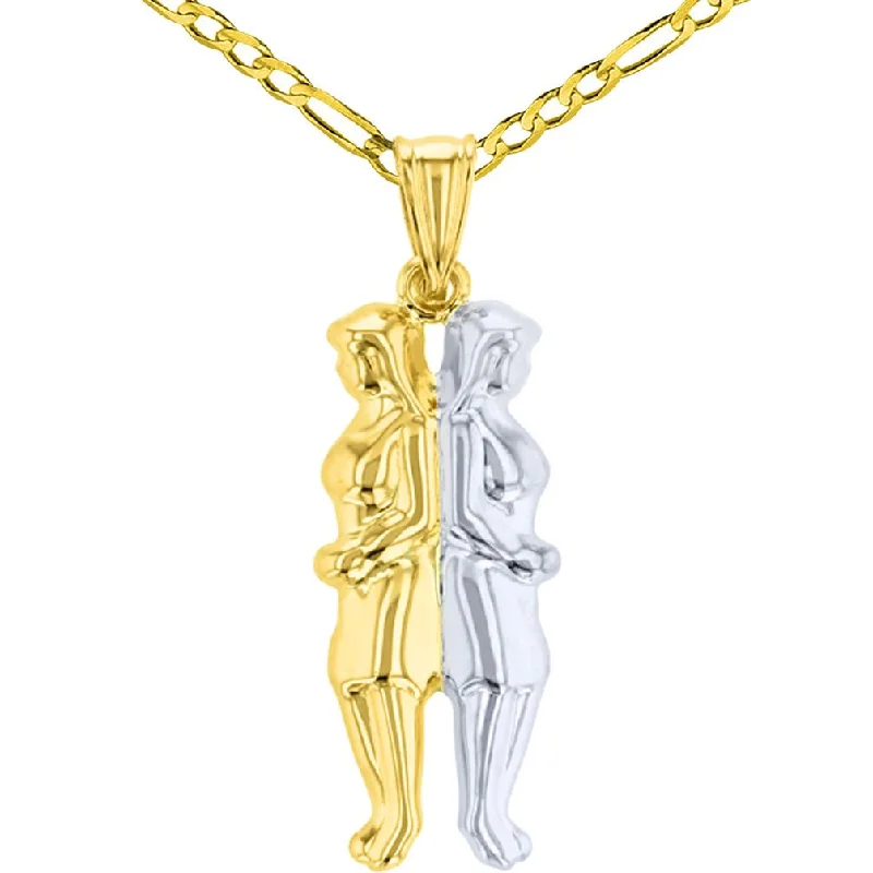 High Polished Handcrafted 14K Yellow Gold Gemini Pendant Unique Zodiac Sign Charm Figaro Chain Necklace