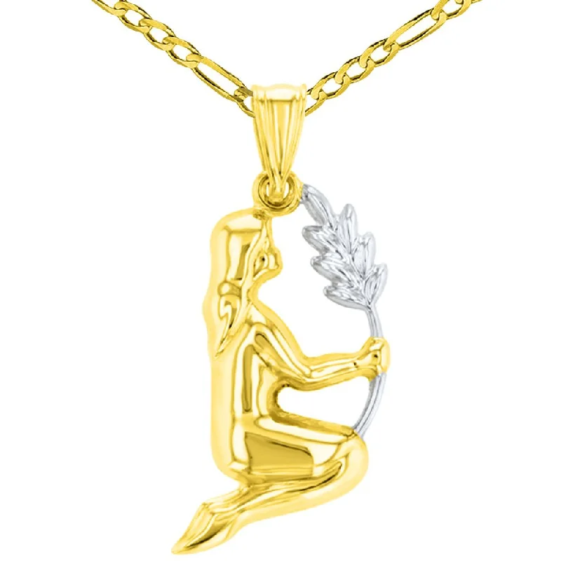 High Polished Handcrafted 14K Yellow Gold Virgo Maiden Holding Wheat Zodiac Sign Charm Pendant Figaro Chain Necklace