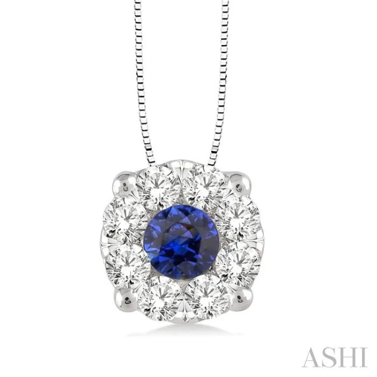 3.8 mm Round Cut Sapphire and 1/3 Ctw Lovebright Precious Pendant in 14K White Gold with Chain