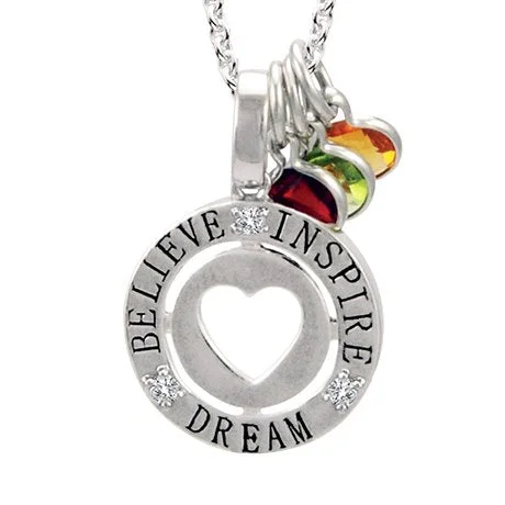 Part of the "Mommy CHIC" collection, a beautiful open heart sterling silver pendant contains 3 CZ's and is engraved with Believe, Inspire, and Dream. An 18" sterling chain is included. ROUND & BRIOLETTE BIRTHSTONES, INITIAL CHARMS AND GIRL & BOY CHAR...