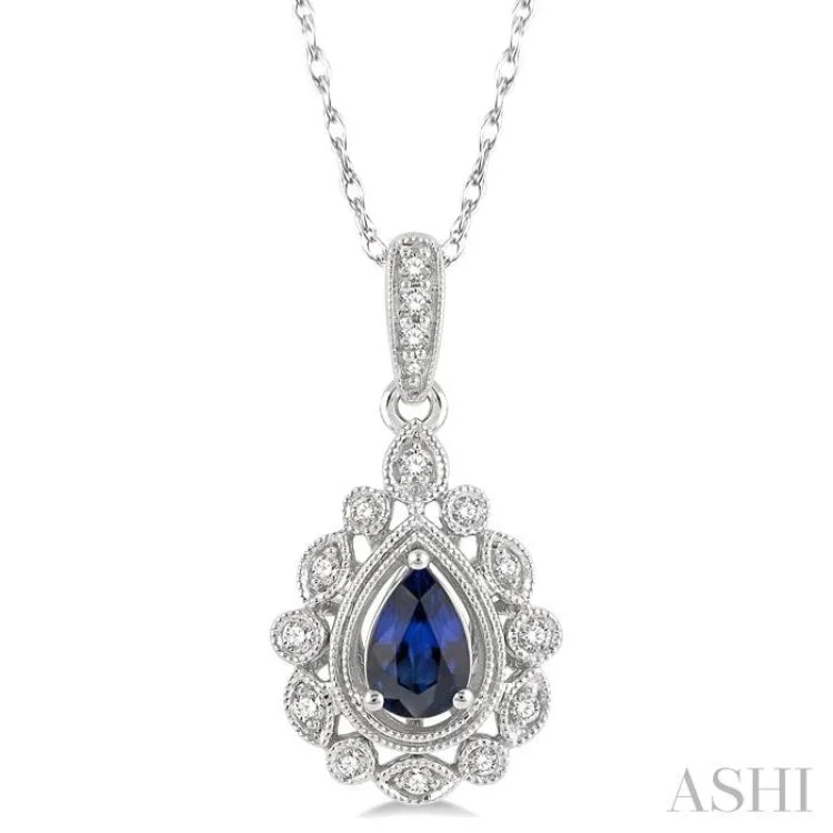 1/8 Ctw Lattice Round Cut Diamond & 6x4 MM Pear Cut Sapphire Precious Pendant With Chain in 10K White Gold