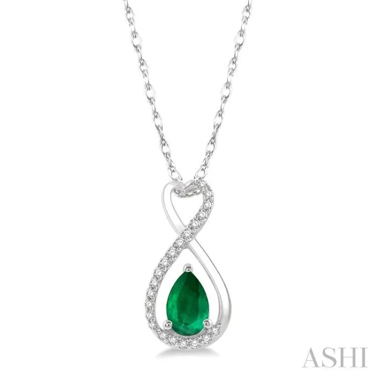 1/10 Ctw Eternity 6X4MM Pear Cut Emerald and Round Cut Diamond Precious Pendant With Chain in 10K White Gold