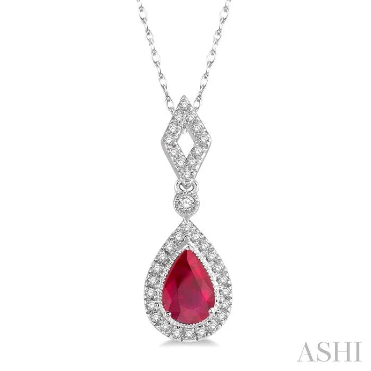 1/6 Ctw Pear Shape 6x4mm Ruby & Round Cut Diamond Precious Pendant With Chain in 10K White Gold