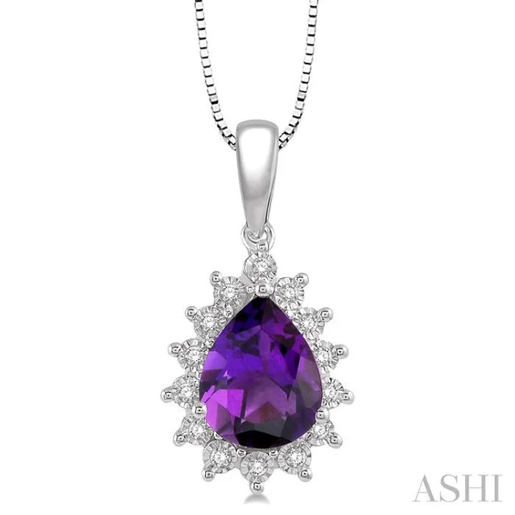 1/10 Ctw Pear Shape 9x6mm Amethyst & Round Cut Diamond Semi Precious Pendant in 10K White Gold