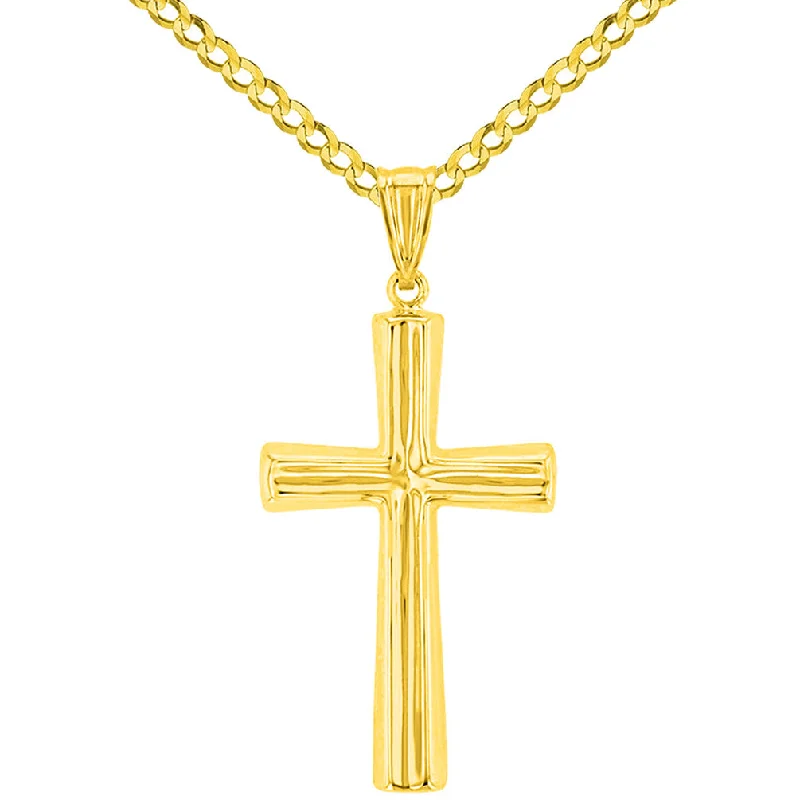 Polished 14K Yellow Gold Plain Religious Cross Pendant with Cuban Chain Necklace