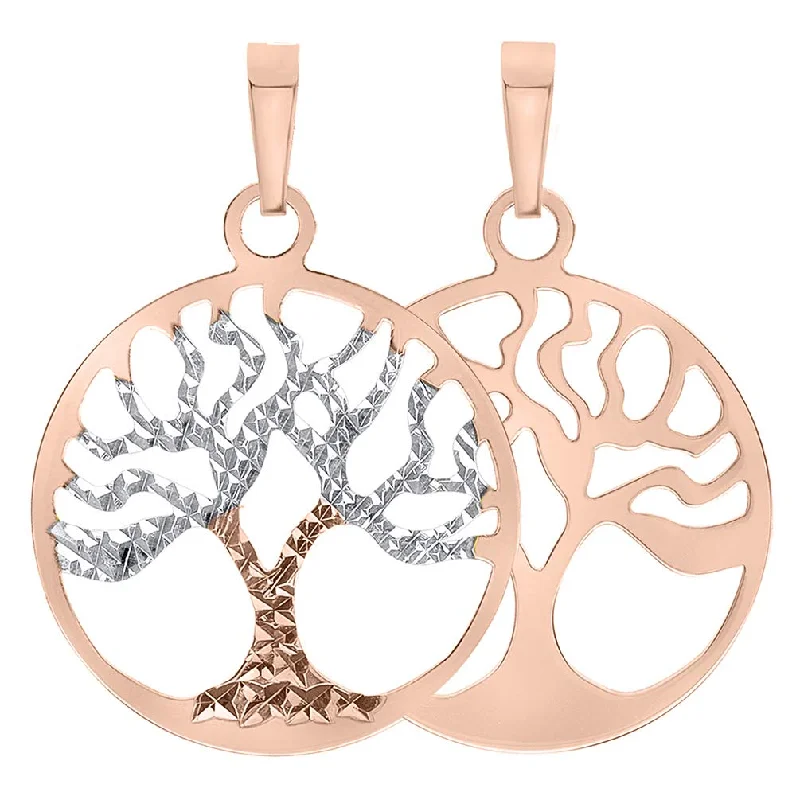 Solid 14 Karat Rose Gold Textured Reversible Round Tree of Life Charm Pendant