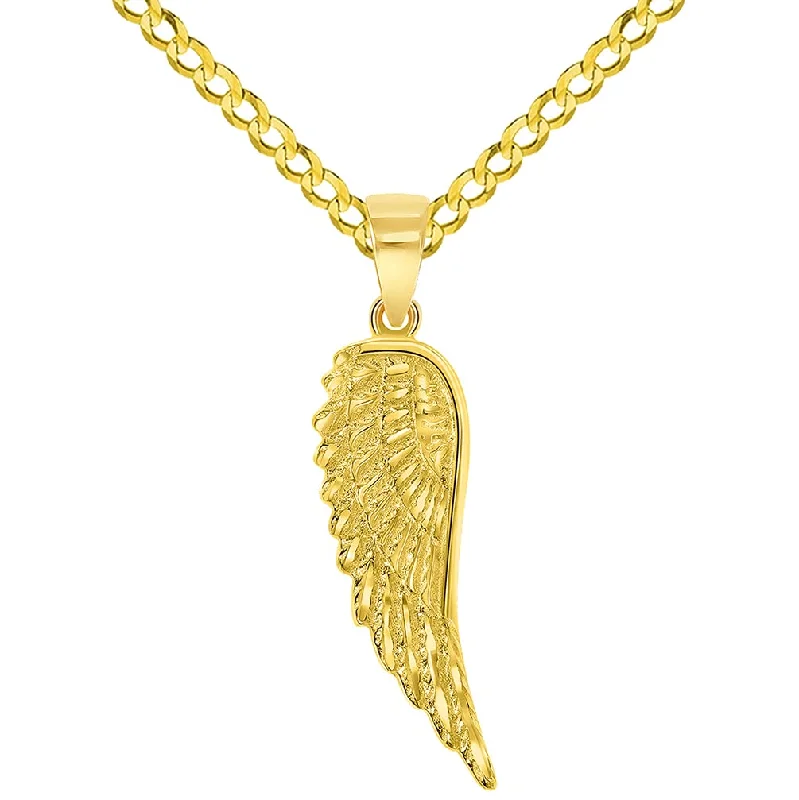 Solid 14k Gold Textured Angel Wing Charm Pendant with Cuban Curb Chain Necklace - Yellow Gold