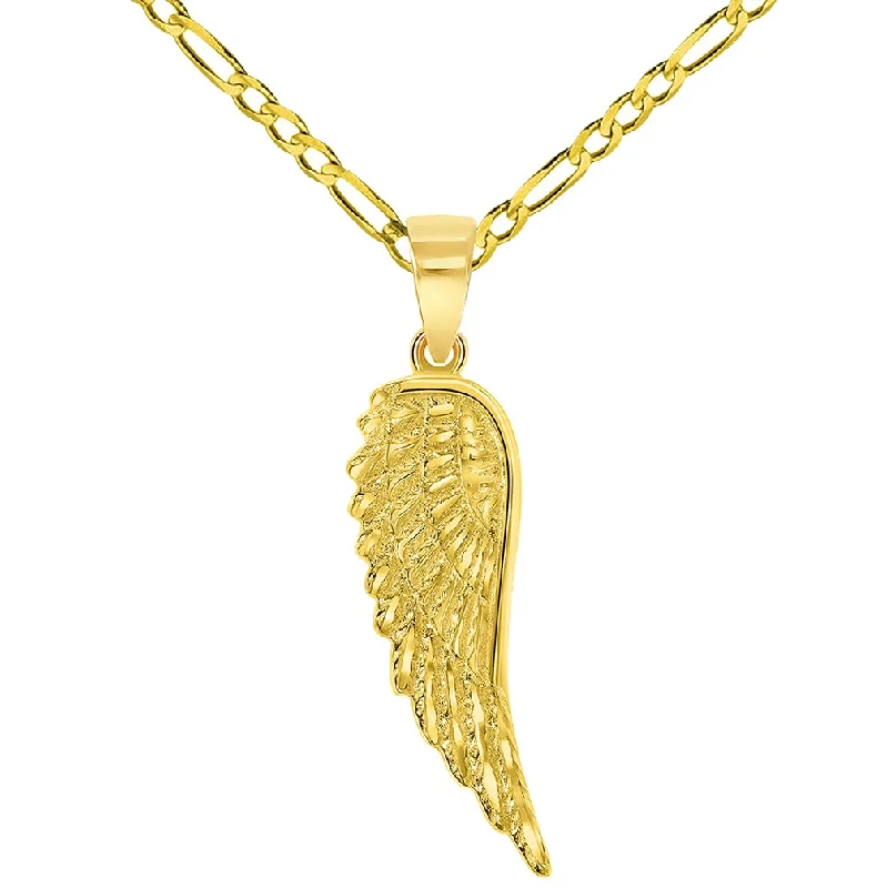 Solid 14k Gold Textured Angel Wing Charm Pendant with Figaro Chain Necklace  - Yellow Gold