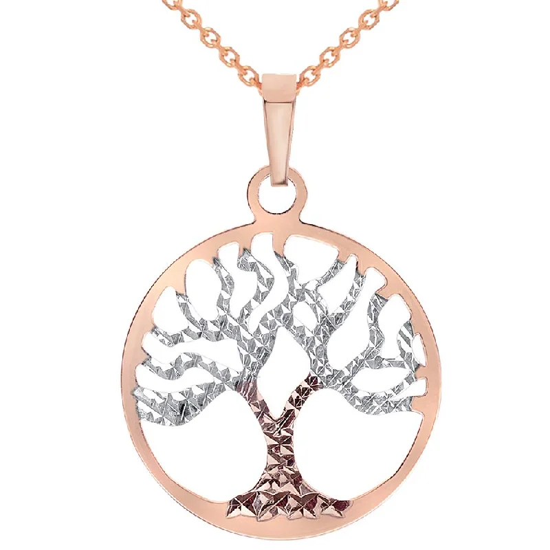 Solid 14k Gold Textured Reversible Round Tree of Life Pendant Necklace - Rose Gold