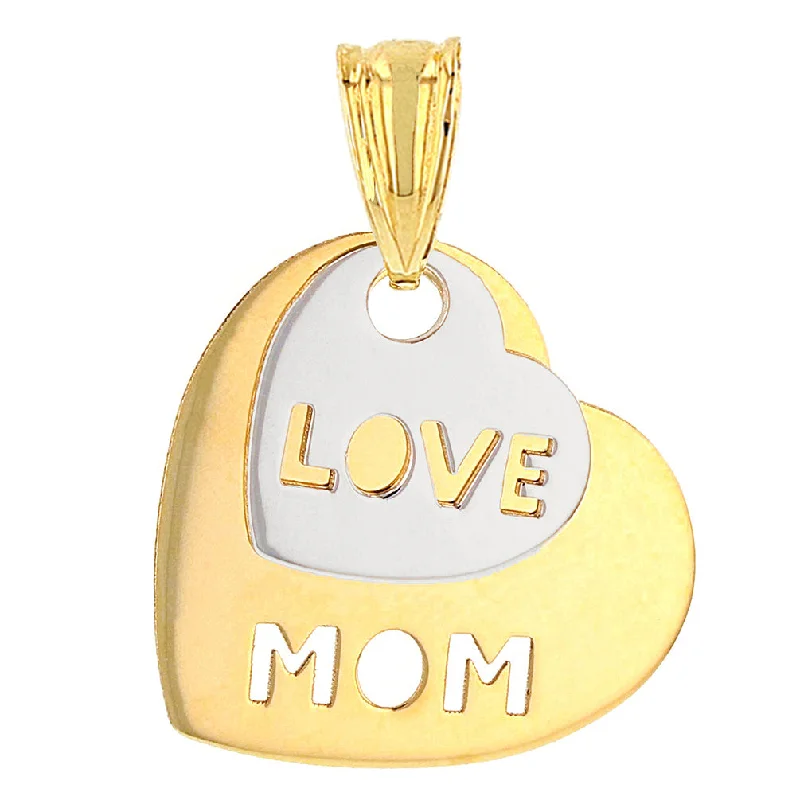 Solid 14K Two-Tone Gold Love Mom Double Heart Pendant Necklace