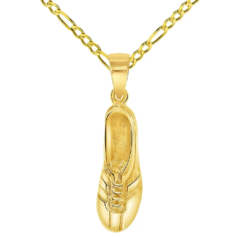 Solid 14k Yellow Gold 3D Soccer Cleet Shoe Charm Football Sports Pendant with Figaro Chain Necklace