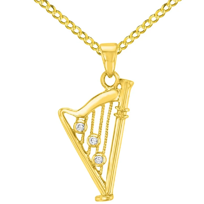 Solid 14K Yellow Gold CZ Harp Charm Musical Instrument Pendant with Cuban Chain Necklace