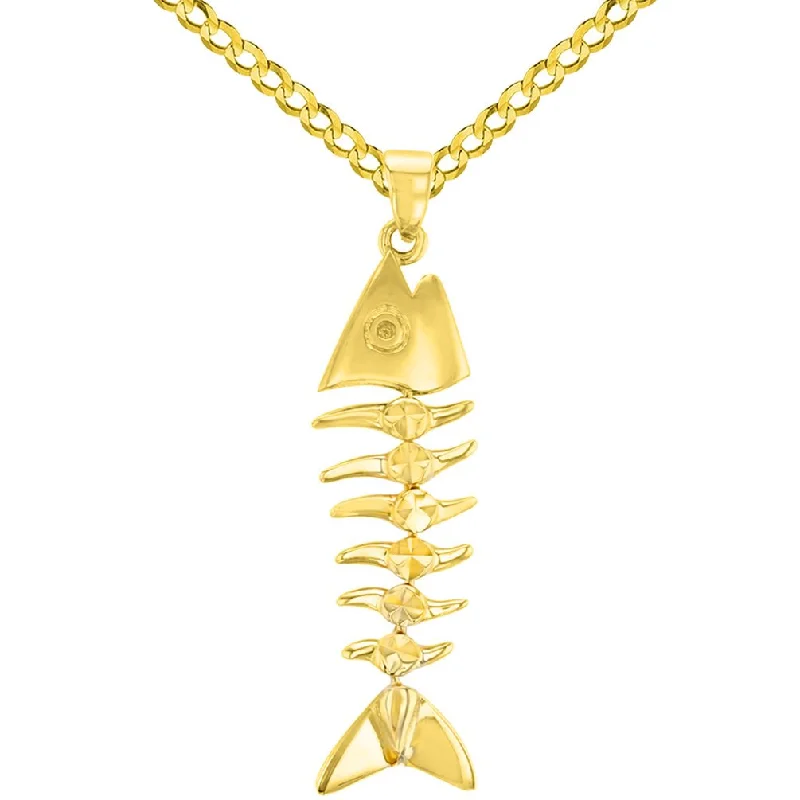 Solid 14K Yellow Gold Dangling Fishbones Pendant with Cuban Chain Necklace