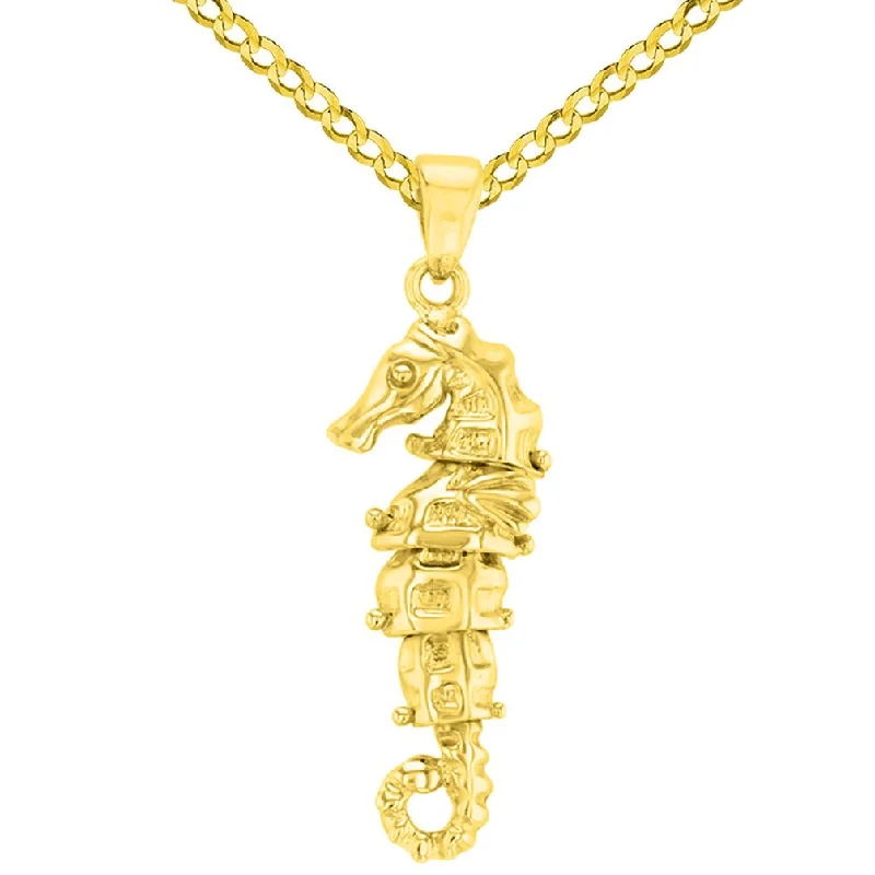 Solid 14K Yellow Gold Dangling Seahorse Pendant with Cuban Chain Necklace