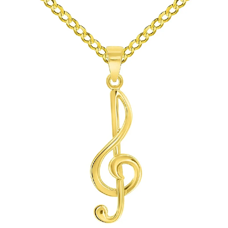 Solid 14k Yellow Gold G Clef Musical Symbol Charm Music Note Pendant with Cuban Curb Chain Necklace