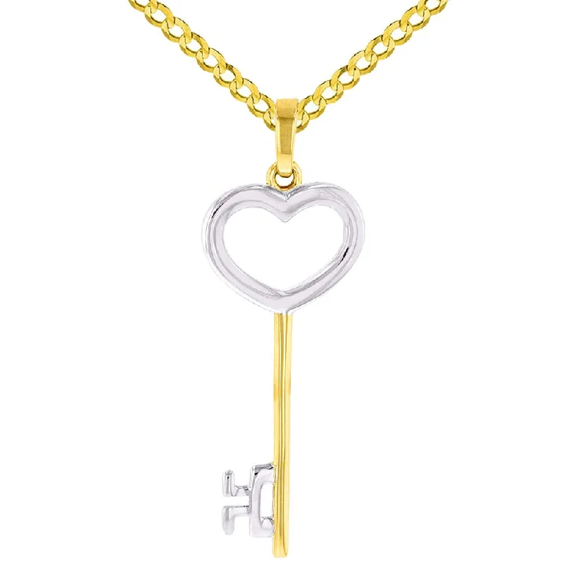 Solid 14K Yellow Gold Open Key to My Heart Love Pendant with Cuban Chain Necklace