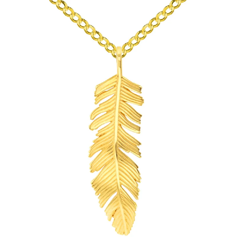 Solid 14k Yellow Gold Polished Feather Charm Pendant with Cuban Chain Necklace