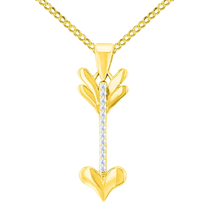 Solid 14K Yellow Gold Reversible CZ Love Arrow Pendant with Cuban Chain Necklace