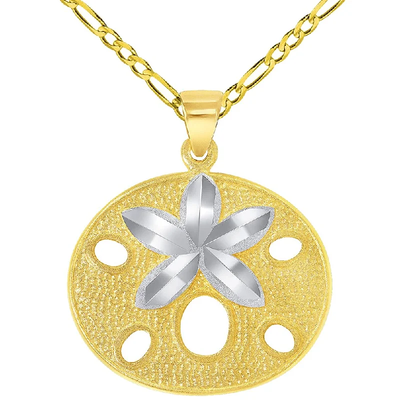 Solid 14k Yellow Gold Sand Dollar Two Tone Sea Star Shell Pendant with Figaro Chain Necklace