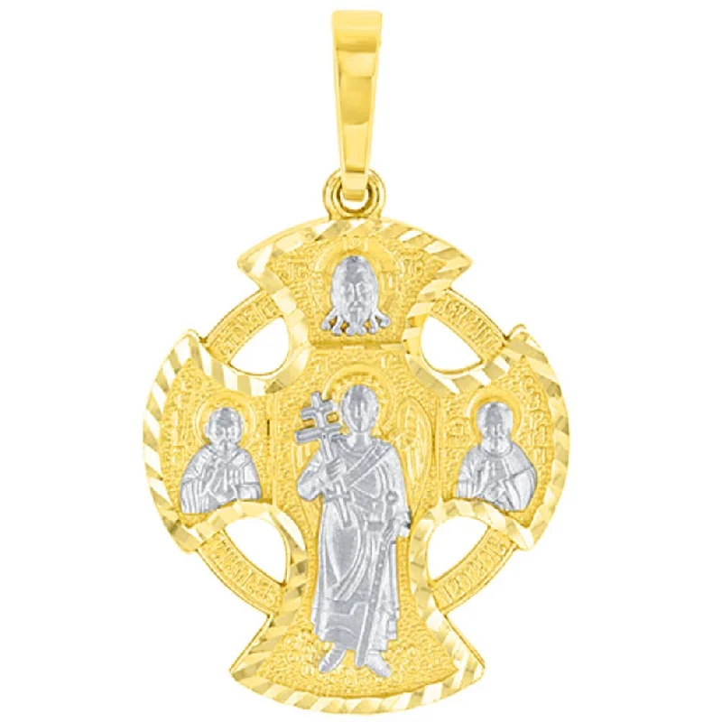 Solid 14K Yellow Gold Textured Celtic Cross Charm with Saints Pendant