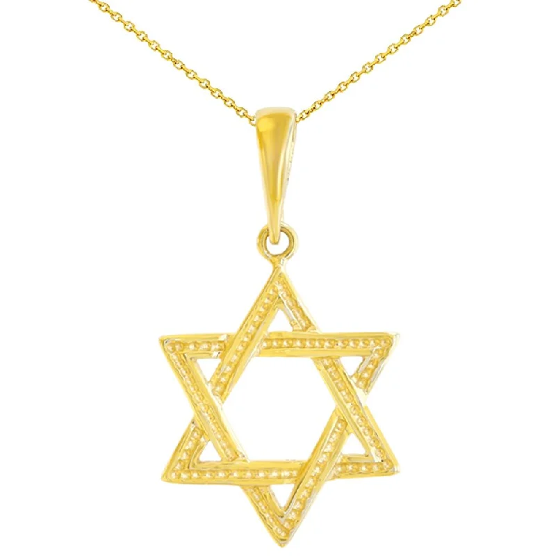 Solid 14K Yellow Gold Textured Jewish Star of David Charm Pendant with Chain Necklace