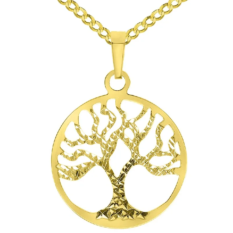 Solid 14k Yellow Gold Textured Reversible Round Tree of Life Pendant Necklace Available with Rolo, Curb, or Figaro Chain