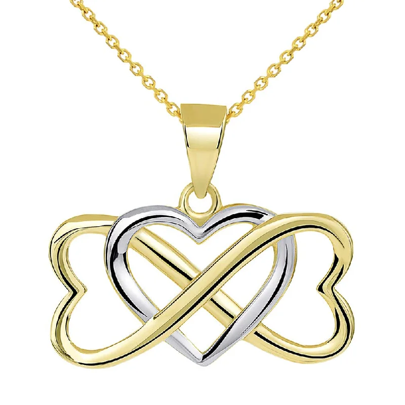 Solid 14k Yellow Gold Two Tone Interlocking Triple Heart Infinity Love Symbol Pendant Necklace