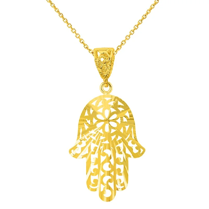 Textured 14K Yellow Gold Filigree Hamsa Hand of Fatima Pendant Necklace