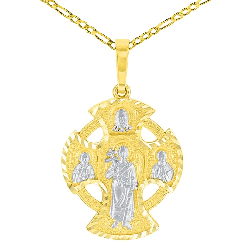 Unique Handcrafted Solid 14K Yellow Gold Textured Celtic Cross Charm with Saints Pendant Figaro Chain Necklace