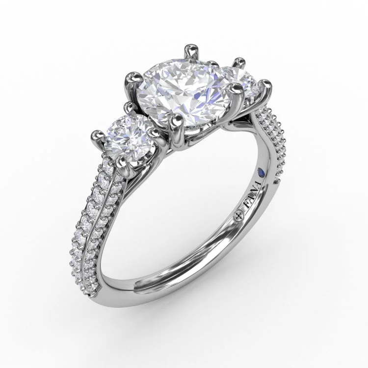 Classic Three-Stone Round Diamond Engagement Ring With PavÃ© Band