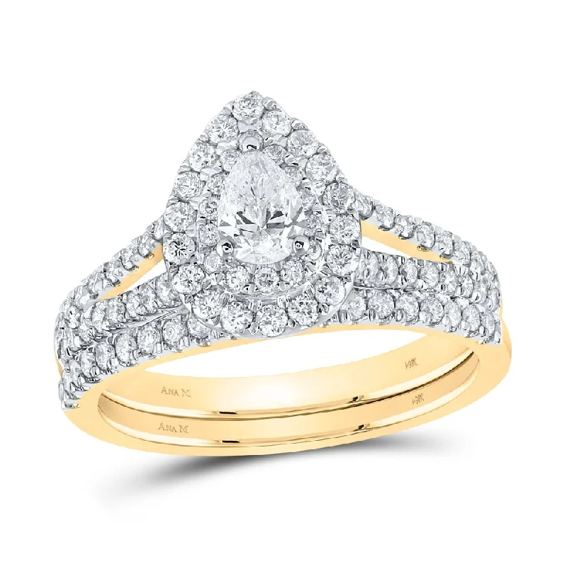 14kt Yellow Gold Pear Diamond Halo Bridal Wedding Ring Band Set 1 Cttw