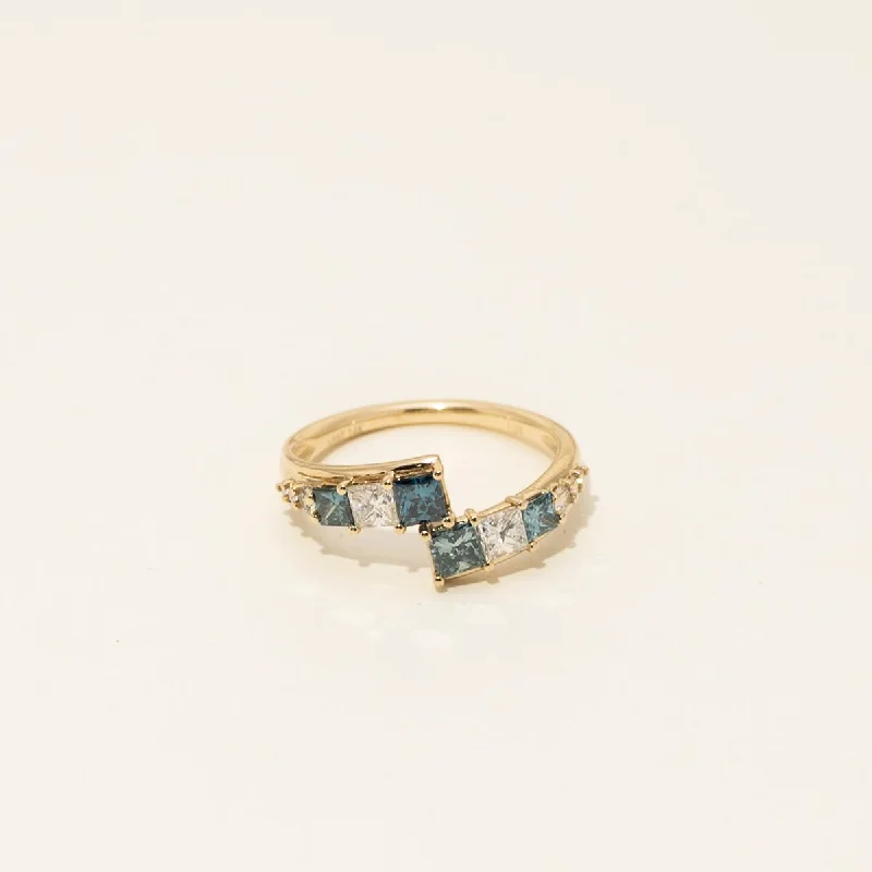 Princess Cut Blue and White Diamond Bypass Ring in 14kt Yellow Gold (1ct tw)