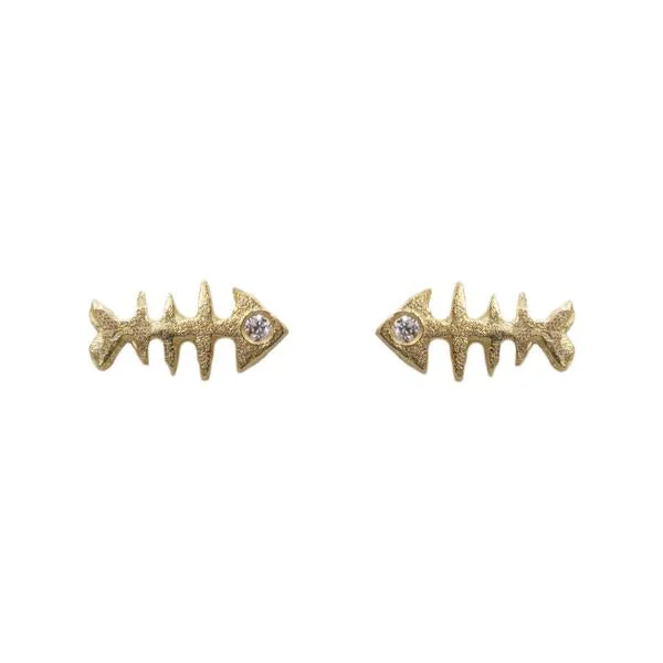 14k Fishbone Studs w/Diamond