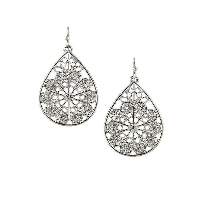 1928 Jewelry Crystal Silver Fancy Filigree Teardrop Earrings