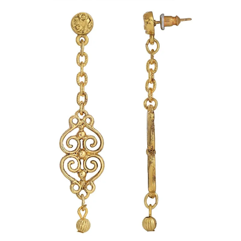 1928 Jewelry Gold Heart Filigree Linear Post Drop Earrings