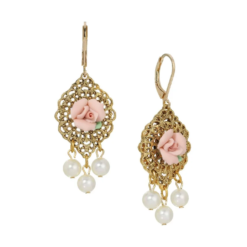 1928 Jewelry Porcelain Rose Faux Pearl Drop Earrings