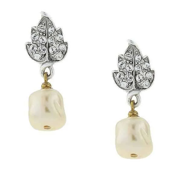 1928 Jewelry Austrian Crystal Leaf And Baroque Faux Pearl Drop Earrings