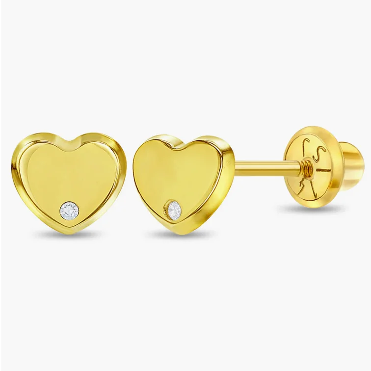 Children's Gold and Diamond Heart Earrings