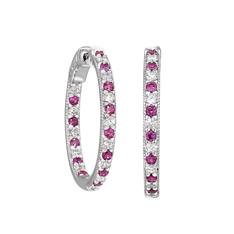 Platinum Finish Sterling Silver Micropave Hoop Earrings with Simulated Rubies and Simulated  Diamonds