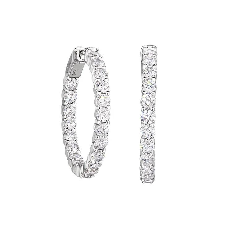 Platinum Finish Sterling Silver Micropave 3.0  Hoop Earrings with Simulated  Diamonds