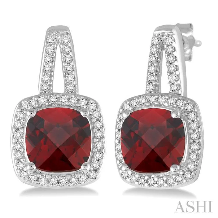 7x7 MM Cushion Cut Garnet and 1/4 Ctw Round Cut Diamond Earrings in 10K White Gold