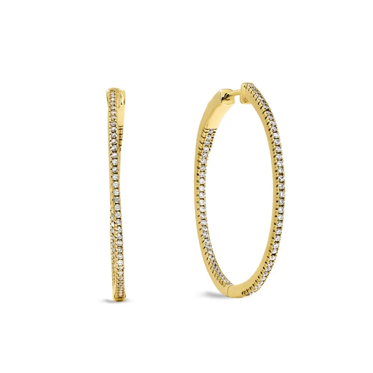 Gold Finish Sterling Silver Micropave Inside Out Large Hoop Earrings with Simulated Diamonds