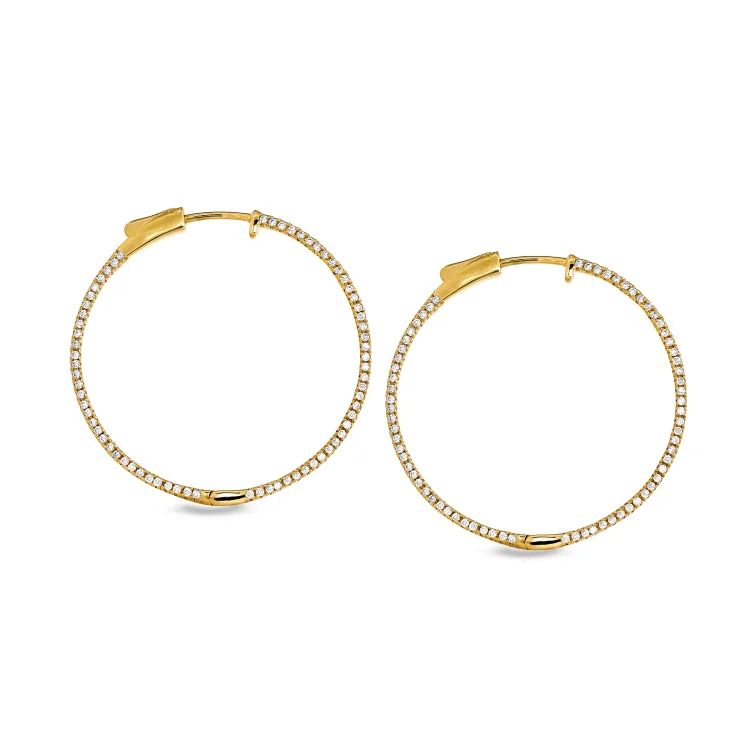 Gold Finish Sterling Silver Micropave Side Stones Large Hoop Earrings with Simulated Diamonds