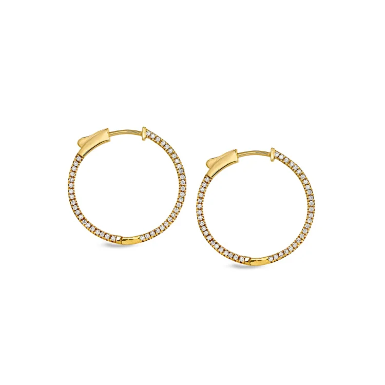 Gold Finish Sterling Silver Micropave Side Stones Medium Hoop Earrings with Simulated Diamonds